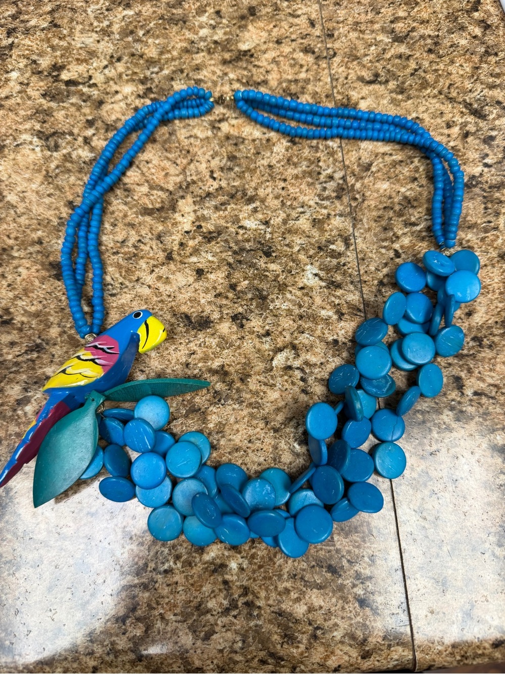 Vintage 80s Wood Parrot Necklace Blue Multi Strand Tropical Bird Statement Boho